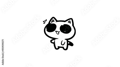 Whimsical black and white cartoon cat drawing with large expressive eyes and a cheerful smile on a white background.