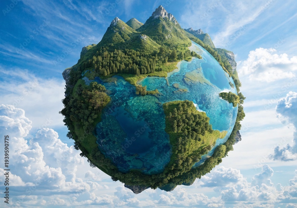 Fototapeta premium Vibrant planet earth with mountains, forests, and oceans floating in sky