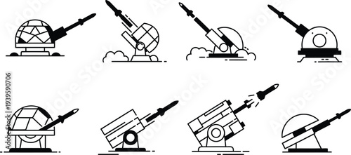 Set of minimalist missile launcher and anti-aircraft gun icons featuring flat line art vector elements for military technology defense and security applications