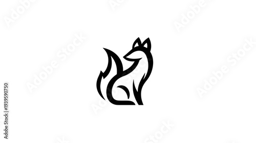 Minimalist black line art fox icon sitting, modern simple outline graphic design element for logo or illustration on white background.