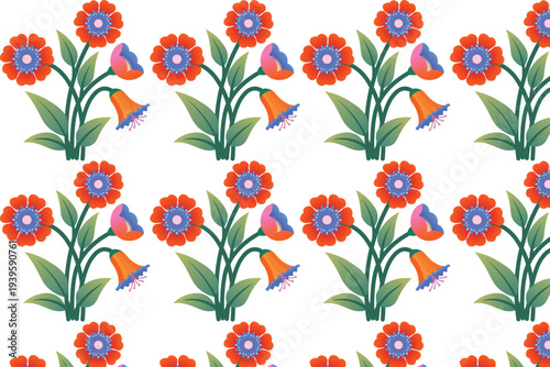 A repeating pattern displays stylized orange and blue flowers with green stems and pink bell shaped buds on a white background