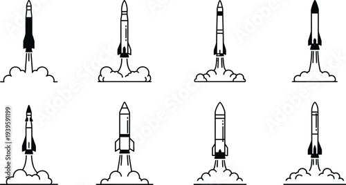 Collection of diverse rocket launch icons featuring minimalist line art illustrations of missiles taking off with smoke ideal for technology startup and progress concepts