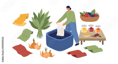 Natural Fabric Dyeing Process with Organic Plant Dyes. Sustainable Textile Crafting & Eco-Friendly Production.