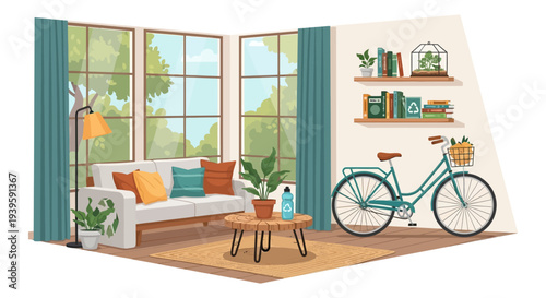Sustainable Living Room Interior Vector Illustration with Green Decor, Bike, and Large Windows