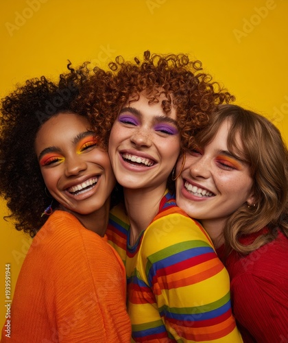 three diverse friends with curly hair, laughing and embracing each other against a vibrant yellow background.