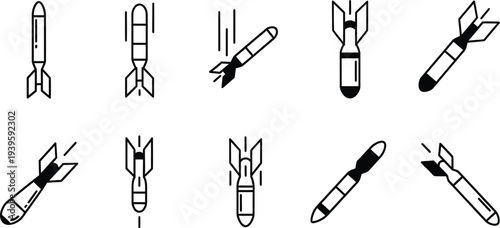 Set of minimalist bomb and missile icons featuring various falling and stationary designs ideal for military war or security-related applications