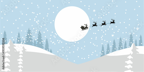 Santa claus and reindeer fly across a bright winter landscape