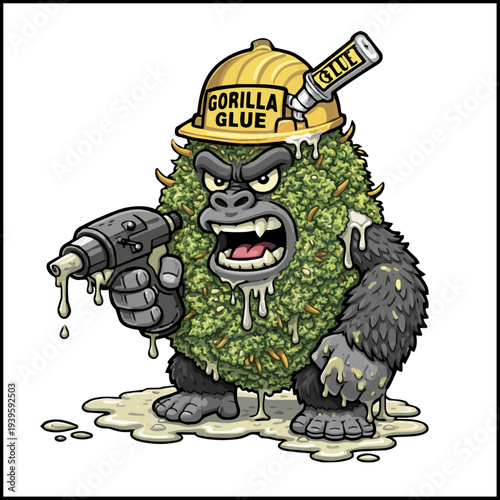 Gorilla Glue Cannabis Bud Cartoon Gorilla Character with Glue Gun