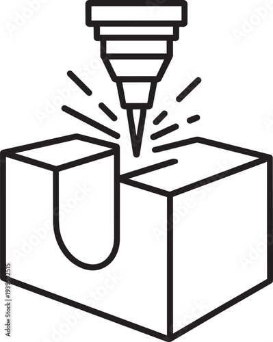 three dimensional computer numerical control milling machine engraving solid block industrial equipment vector line icon isolated