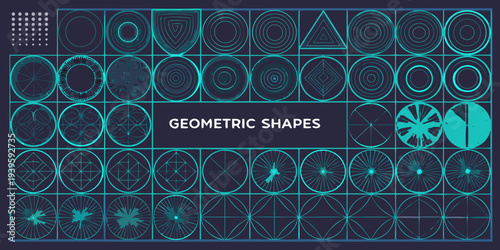 Collection of glowing neon geometric shapes arranged in a grid pattern