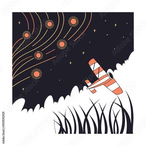 Retro Striped Airplane Flying Past Glowing Suns in Dark Starry Night Sky with Grass Silhouette
