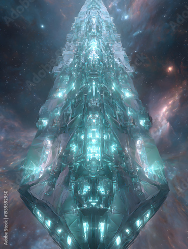 A cinematic sci-fi artwork of a massive crystalline starship shaped like a cathedral, merging divine architecture with futuristic technology.