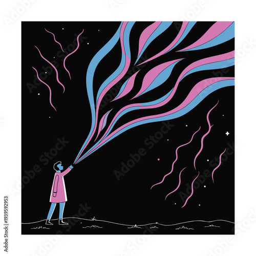 Person Releasing Flowing Pink and Blue Cosmic Ribbons into Dark Starry Night Sky Illustration
