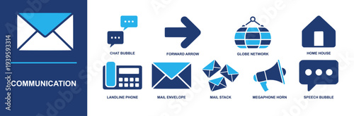 Communication icon set. Containing chat bubble, forward arrow, globe network, home house, landline phone, mail envelope, megaphone, speech bubble, email and more. Solid fill vector icons