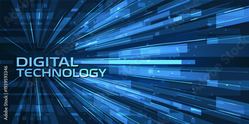 Abstract blue digital background with converging lines and text overlay