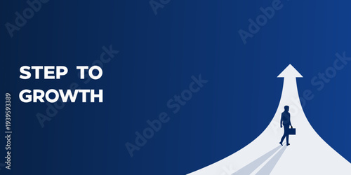 A silhouetted figure walks up a bright white arrow representing growth