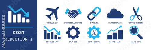Cost reduction icon set. Containing airplane, handshake, chain link, cloud storage, scissors, decline chart, gear, growth bars, search lens, savings and more. Solid fill vector icons