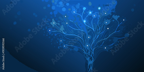 Abstract blue tree with glowing lights against a dark background