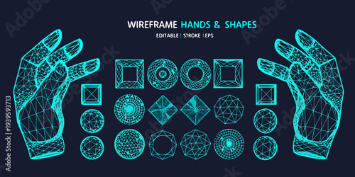 Geometric hands and shapes a neon wireframe design illustration
