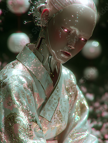 A futuristic fantasy artwork of Sara-bot stepping onto a crystalline balcony suspended in the sky, blending sci-fi elegance with surreal beauty.