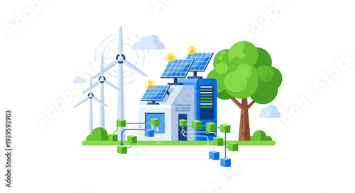 Green Energy Blockchain and Crypto Mining Concept with Solar Panels, Wind Turbines, and Sustainable Technology