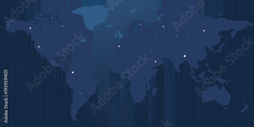 A dark blue world map with glowing points representing global connections