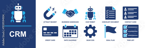 CRM icon set. Containing magnet, handshake, chat robot, checklist, contact card, credit card, calendar, gear cog, goal flag, task list, automation and more. Solid fill vector icons