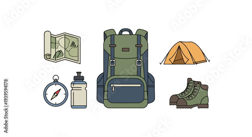 Camping gear and equipment set.