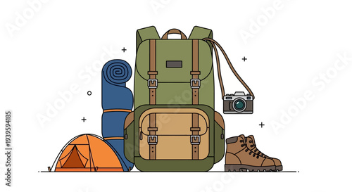 Hiking backpack with travel accessories.