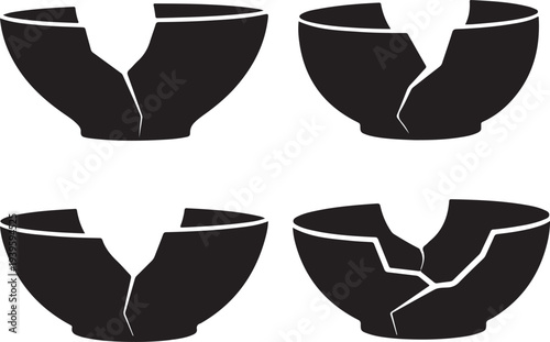 Modern vector silhouette designs of four distinct broken bowls, symbolizing fragility, damage, and imperfection within conceptual graphic illustrations