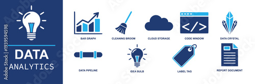 Data analytics icon set. Containing bar graph, broom, cloud storage, code window, data crystal, data pipeline, idea bulb, label tag, report document and more. Solid fill vector icons