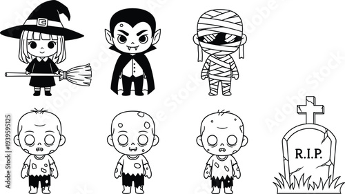 Set of Black and White Halloween Character Icons Featuring Witch Vampire Mummy Zombies and RIP Tombstone Isolated on White Background for Horror Design Projects