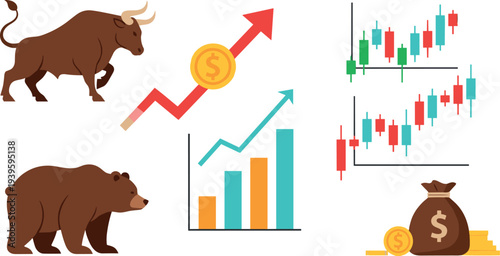 Stock market bullish and bearish concept vector set with bull bear candlestick chart growth graph money