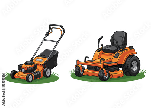 Two orange lawn mowers are displayed a robotic model and a rider lawnmower both on green grass high quality professional detailed modern elegant stylish clean crisp