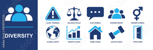 Diversity icon set. Containing diverse group, gender symbol, chat bubble, balance scale, justice gavel, global earth, growth chart, open door, inclusion and more. Solid fill vector icons