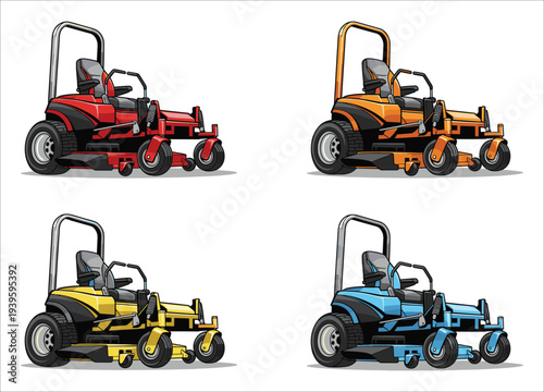 Four cartoon illustrations showcase a ride on lawnmower in different color schemes against a white background high quality professional detailed modern elegant stylish clean crisp vibrant