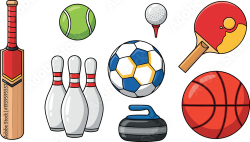 Sports equipment vector set with cricket bat tennis ball soccer basketball bowling curling ping pong icons