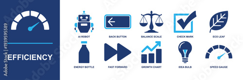 Efficiency icon set. Containing ai robot, back button, scales, check mark, eco leaf, energy bottle, fast forward, growth chart, idea bulb, speed gauge and more. Solid fill vector icons