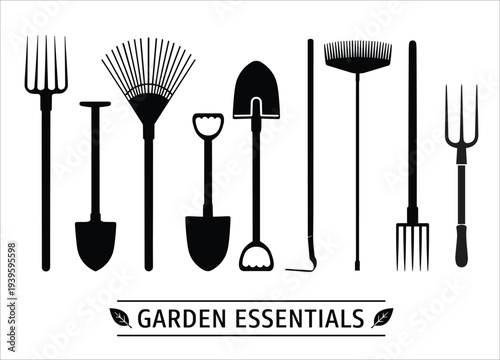 A collection of black silhouette gardening tools arranged on a white background including rakes and shovels high quality professional detailed modern elegant stylish clean crisp vibrant