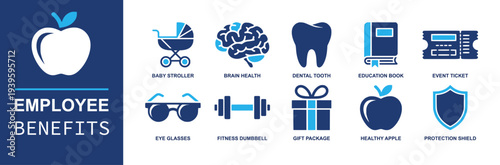 Employee benefits icon set. Containing stroller, brain health, dental care, education book, event ticket, glasses, dumbbell, gift package, apple, shield and more. Solid fill vector icons