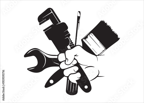 A black and white illustration depicts a hand firmly gripping various tools including a wrench screwdriver and paintbrush high quality professional detailed modern elegant stylish clean
