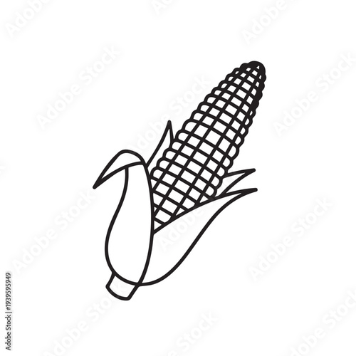 Corn Cob with Leaves Simple Outline Vector Illustration
