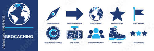 Geocaching icon set. Containing compass rose, direction arrow, earth globe, favorite star, flag marker, geocaching symbol, GPS device, hiking boot, map and more. Solid fill vector icons