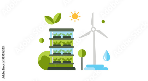Eco-Friendly Vertical Farming and Renewable Energy Illustration. Sustainable Agriculture, Hydroponics, Wind Power, Green Tech Future.
