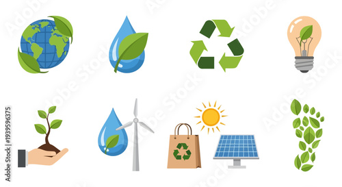 Environmental Protection and Sustainability Icons Set: Nature, Green Energy, Recycling, Water Conservation & Eco-Friendly Living Concepts