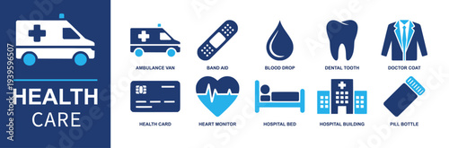 Health care icon set. Containing ambulance van, band aid, blood drop, dental tooth, doctor coat, health card, heart monitor, hospital bed, pill bottle and more. Solid fill vector icons