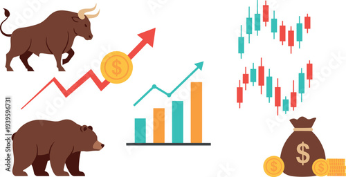 Stock market bullish bearish symbols vector set with bull bear candlestick chart growth graph money icons