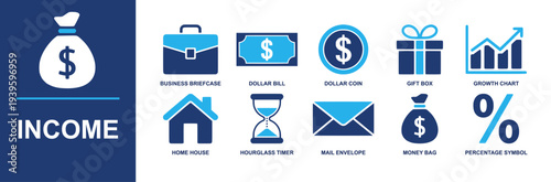 Income icon set. Containing business briefcase, dollar bill, dollar coin, gift box, growth chart, home house, hourglass timer, mail envelope, money bag and more. Solid fill vector icons