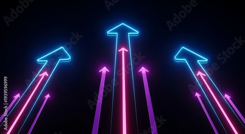 Vibrant neon arrows pointing upwards in dynamic motion