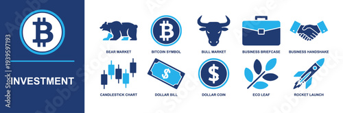 Investment icon set. Containing bear market, bitcoin, bull market, business briefcase, handshake, candlestick chart, dollar bill, coin, leaf, rocket and more. Solid fill vector icons